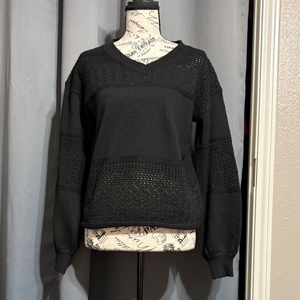 Aris Black V-Neck Knit Sweater with Textured Panels